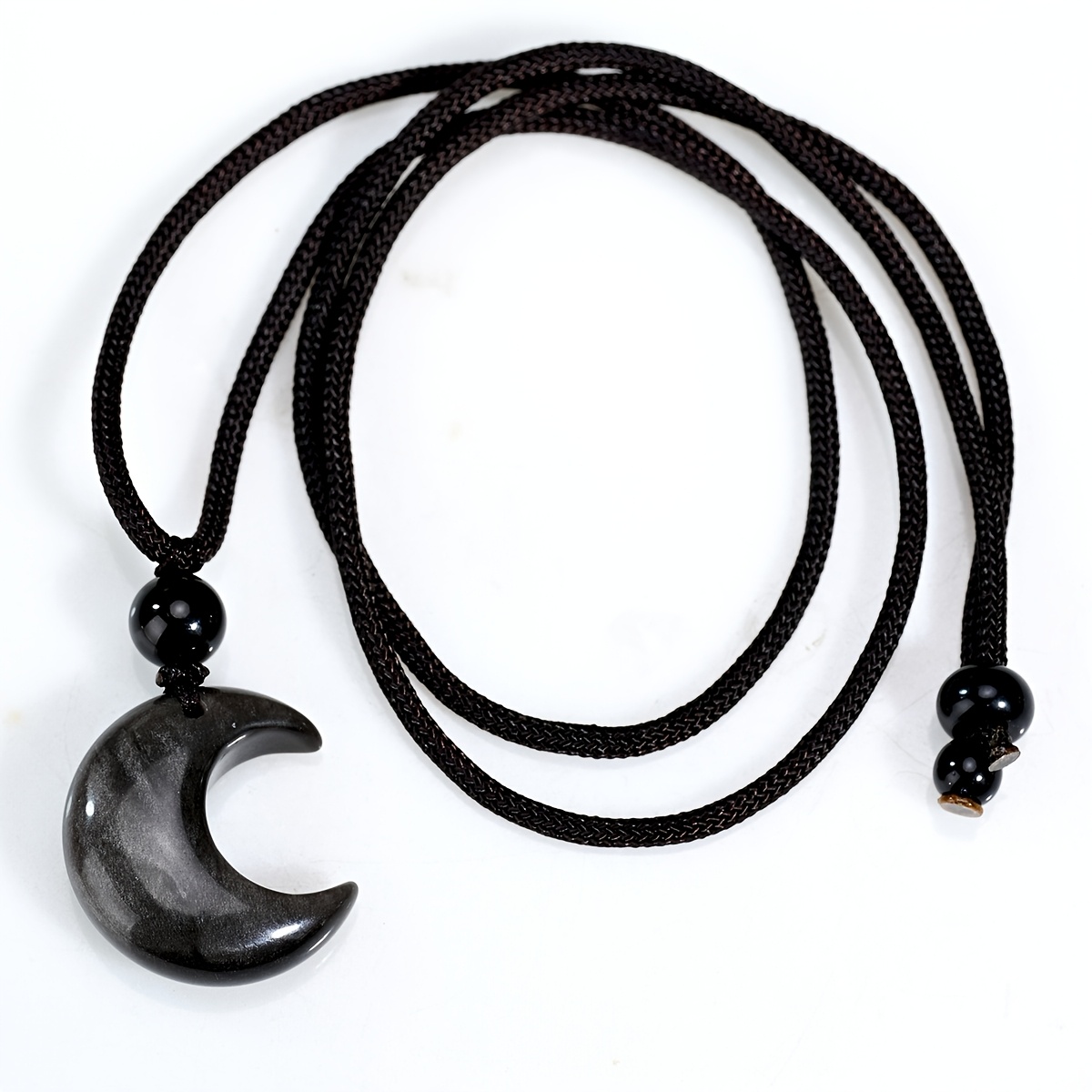 TEMU 1pc Natural Silvery Obsidian Moon Pendant Necklace Hand-knitted Unisex Bohemian Beach Style Everyday And Holiday Wear Holiday/birthday Gifts