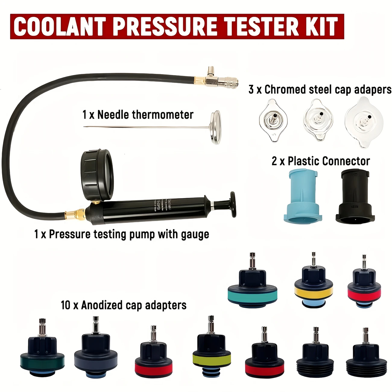 18pcs radiator pressure tester kit professional car coolant pressure test kit automotive water tank manual pump pressure test tool and adapters cooling system leak down detection for cars motorcycles trucks details 2