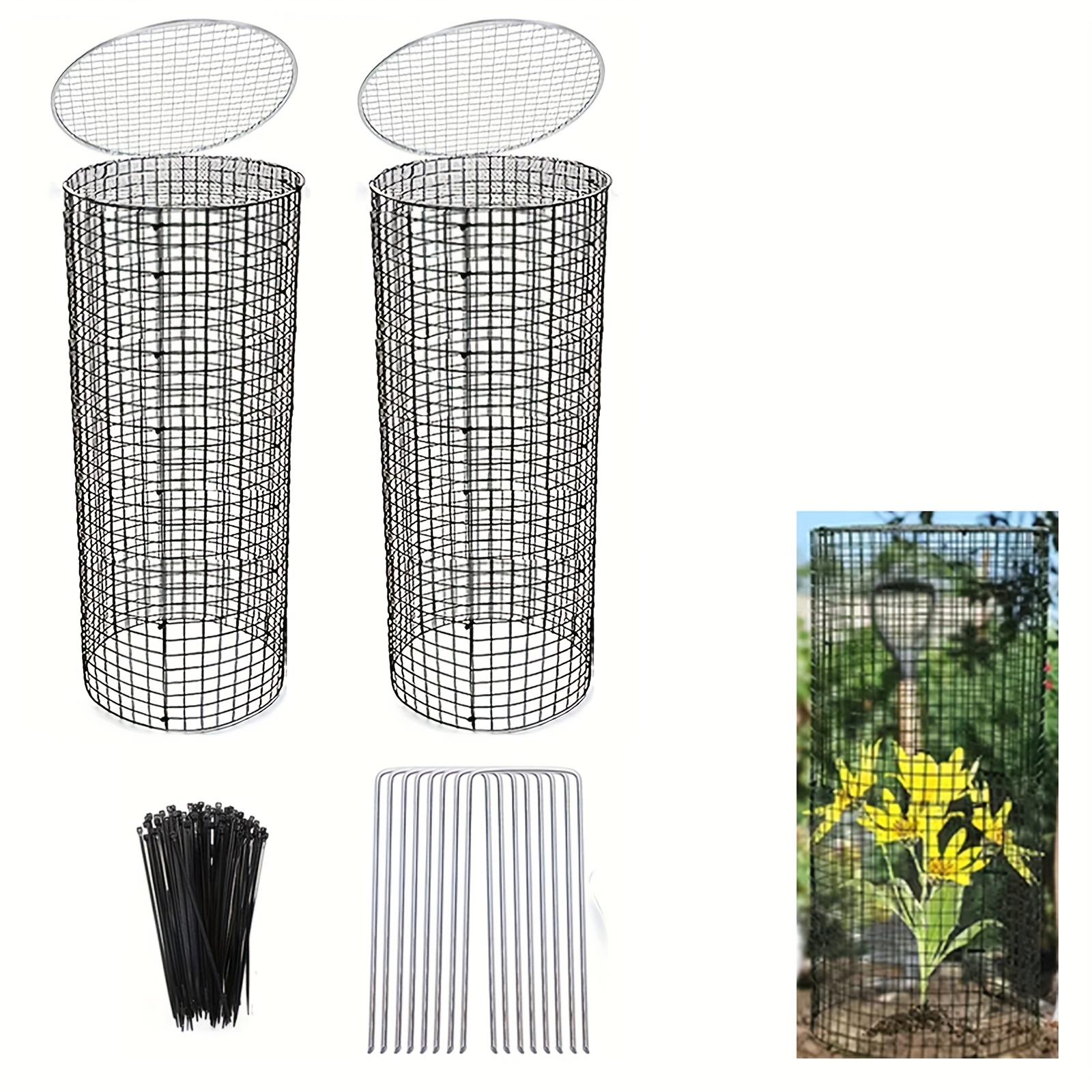 2pcs large heavy duty wire plant protector cage heavy duty chicken wire cloche with ground stakes nylon tie suitable for plants shrubs vegetables flowers bunny   deer pet deterrent outdoor garden protection  