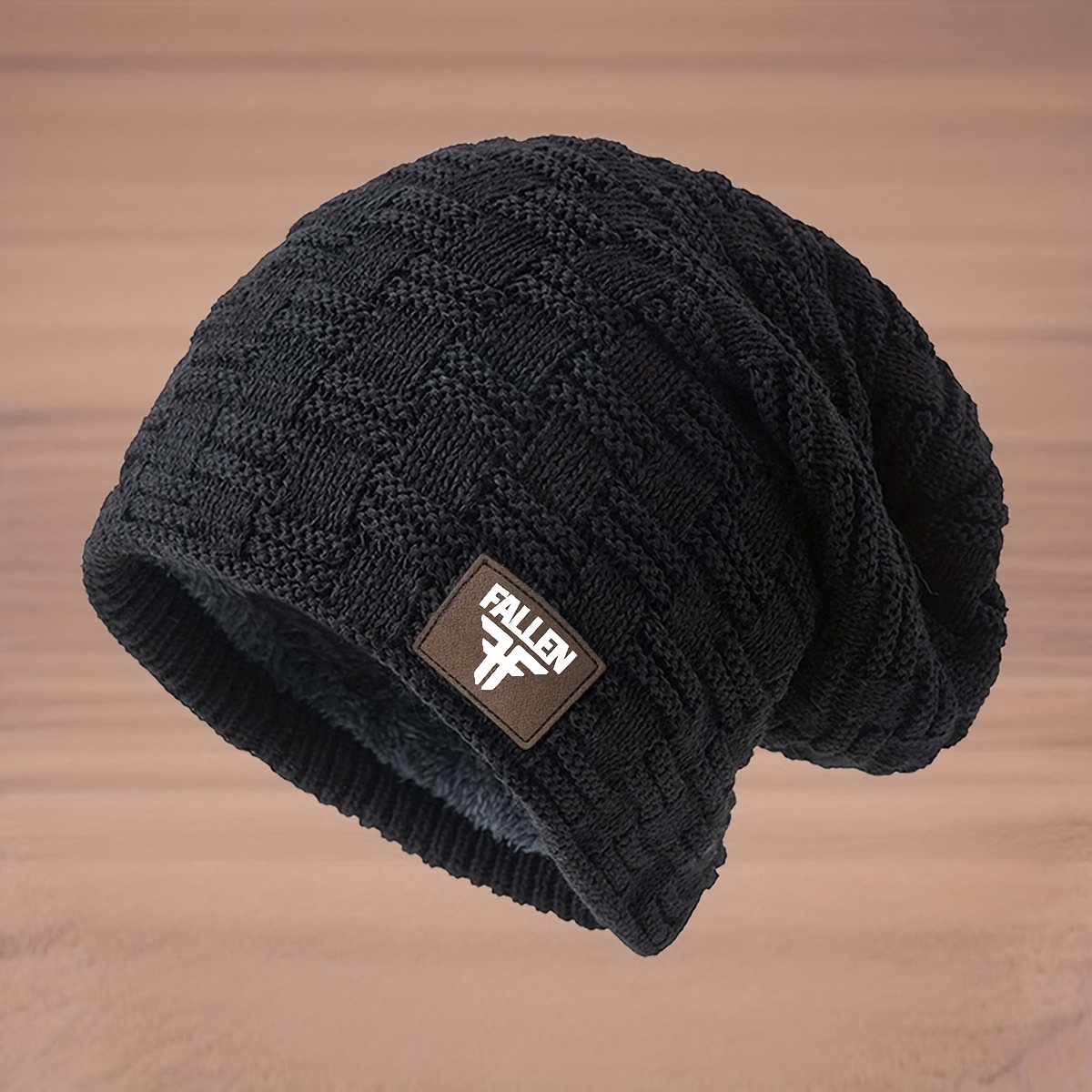 Image of Men's Winter Warm Fleece-lined Beanie Hat With Fallen Lettering & Logo - Lightweight Stretchy Knit Cap, For Cold Weather, Brown/, Winter Hat