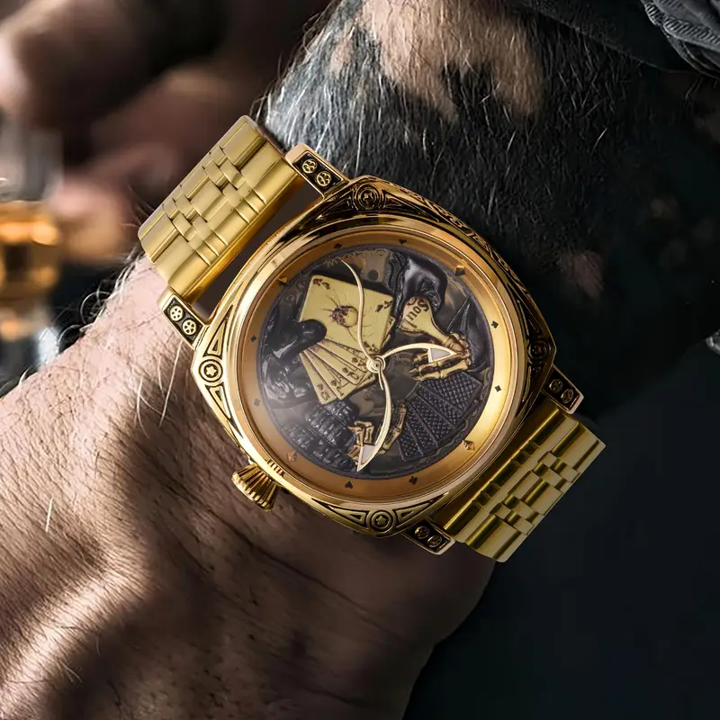 mens skeleton automatic watch vintage mechanical movement case with intricate engravings black dial roman stainless steel strap elegant for men luxury watch without battery Product details 4