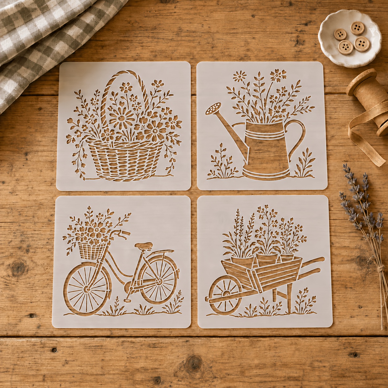 TEMU 4pcs Set 15cm Rustic Garden Flower Basket Watering Can Bicycle Handcart Hollow-out Painting Stencil, Pastoral Style Handmade Diy Spray Painting