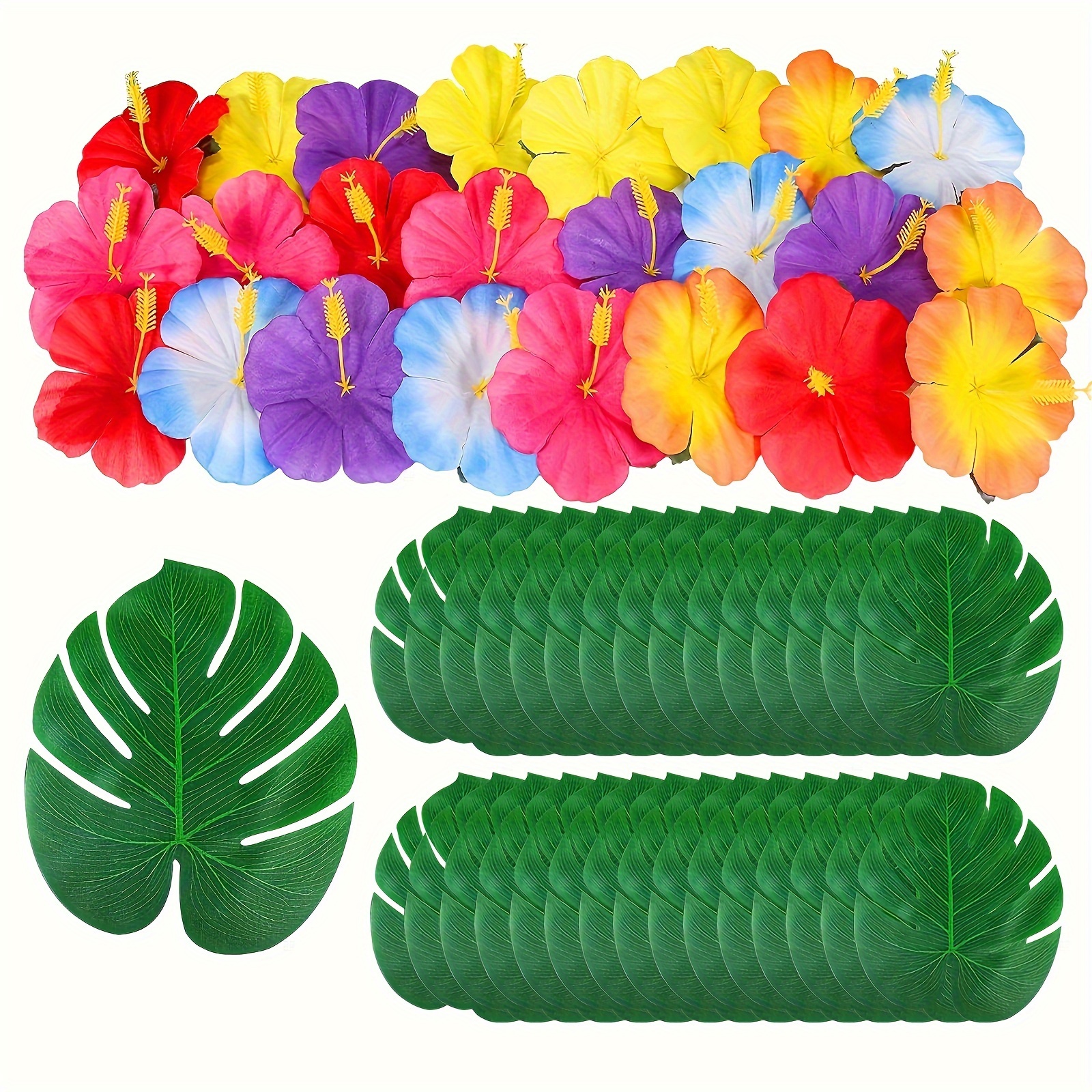 

60pcs Tropical Party Decoration Supplies Leaves Decorative Items|artificial Palm Leaves Hibiscus Flowers Tropical Party Decoration|beach Theme Bbq Birthday Decor