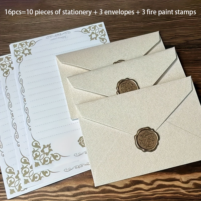 16pcs, White Linen Envelope Stationery Set, Retro Style Letter Chinese Style Special Paper Invitation, Postcard Sealing Wax Envelope, Includes 3pcs Envelopes And 10pcs Letter Papers And 3pcs Wax Seals
