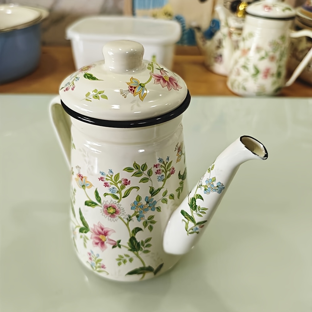 TEMU 1pc Enamel Coffee Maker Thickened Enamel Enamel Coffee Pot 1.1l Pour-over Coffee Maker Thin Spout Kettle Cold Water Kettle