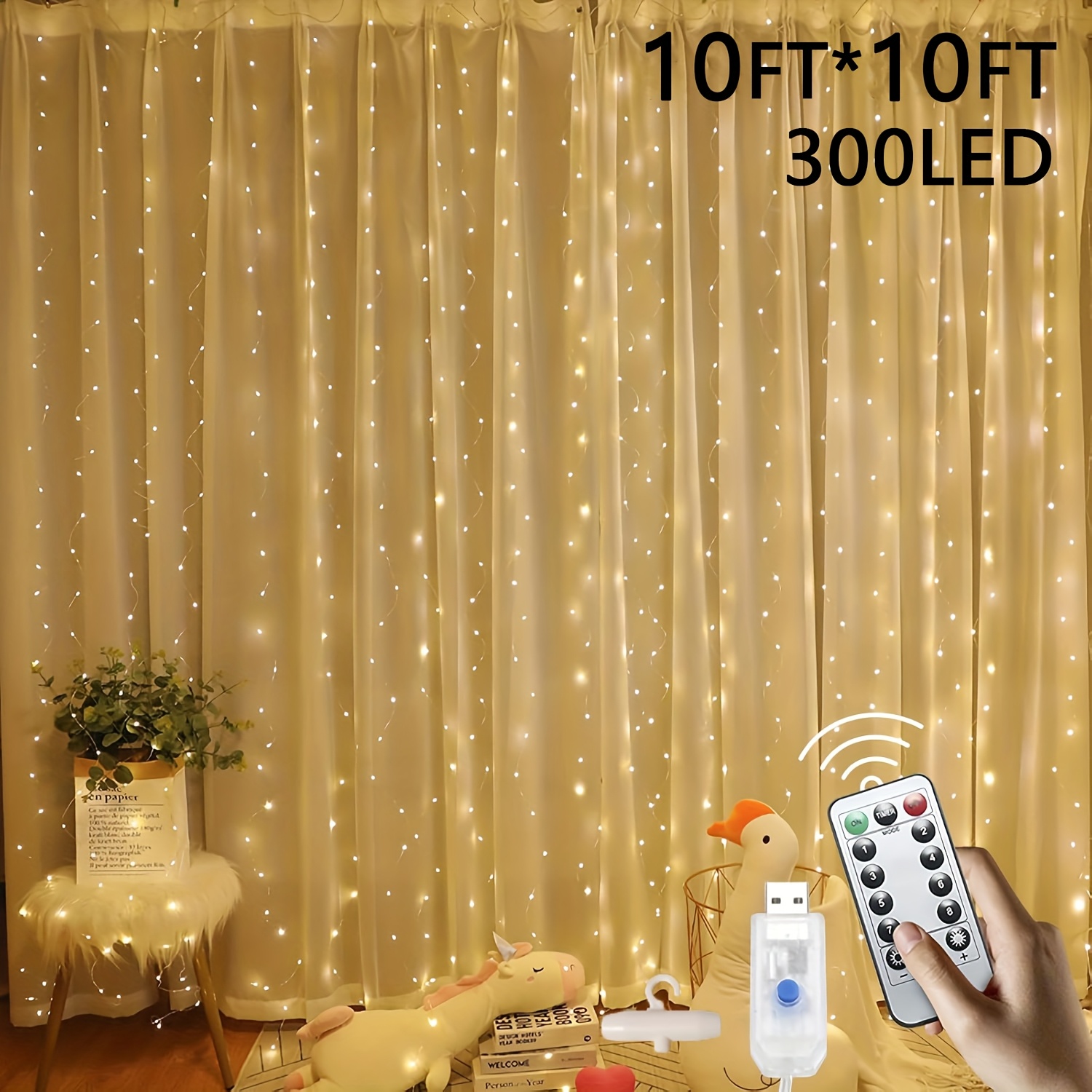 TEMU Cozy Christmas Curtain Lights For Bedroom & Yard, 300 Led Dimmable Fairy Lights With Remote & Timer, Warm White Magic For Xmas Indoor Outdoor