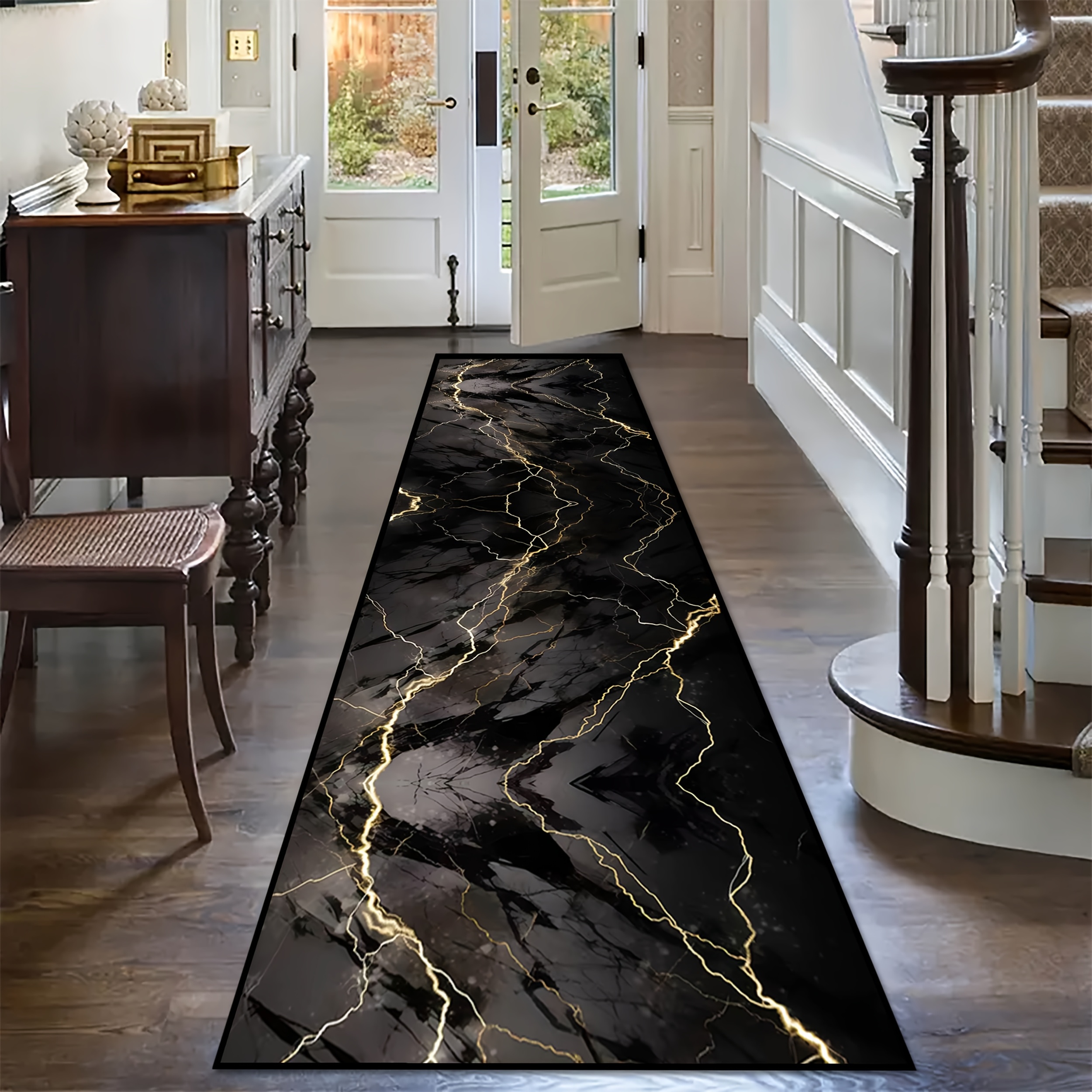 TEMU Shipping [golden Rhinestone Velvet] 1pc, Marble Dark Style Hotel Welcome Long Runner Rug, Easy To Clean Soft High Rectangular Rug, Courtyard