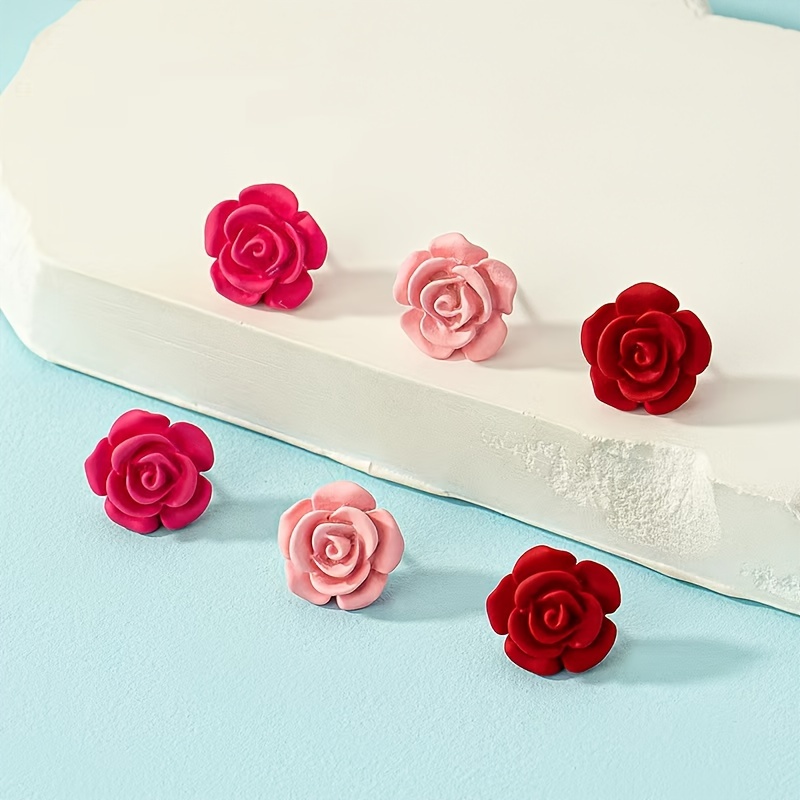 3 Pairs Acrylic Rose Flower Stud Earrings Set