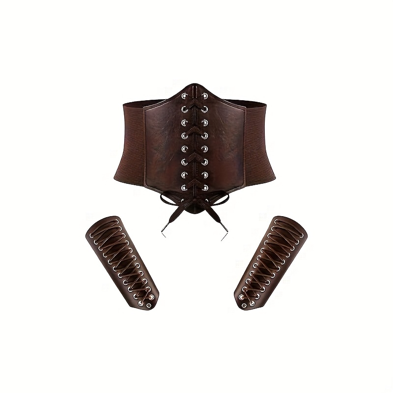TEMU 3pcs Gothic Von Corset Belt Elastic Waist Cincher Wrist Guard Wristband Set, Pu Material, Medieval Renaissance Role-playing Costume, Halloween