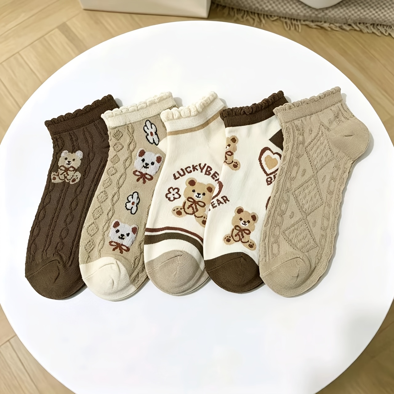 Image of 5 Pairs Of Women's Spring And Summer New Bear Socks Shallow Socks Cute Japanese Sweet Lace Socks Boat Socks