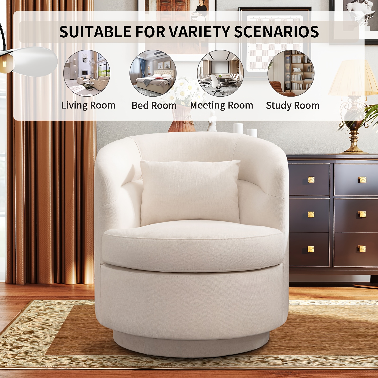 Beige Upholstered Swivel Chair with a Pillow, Perfect for Accenting Your Living Room, Bedroom, Or Reading Area