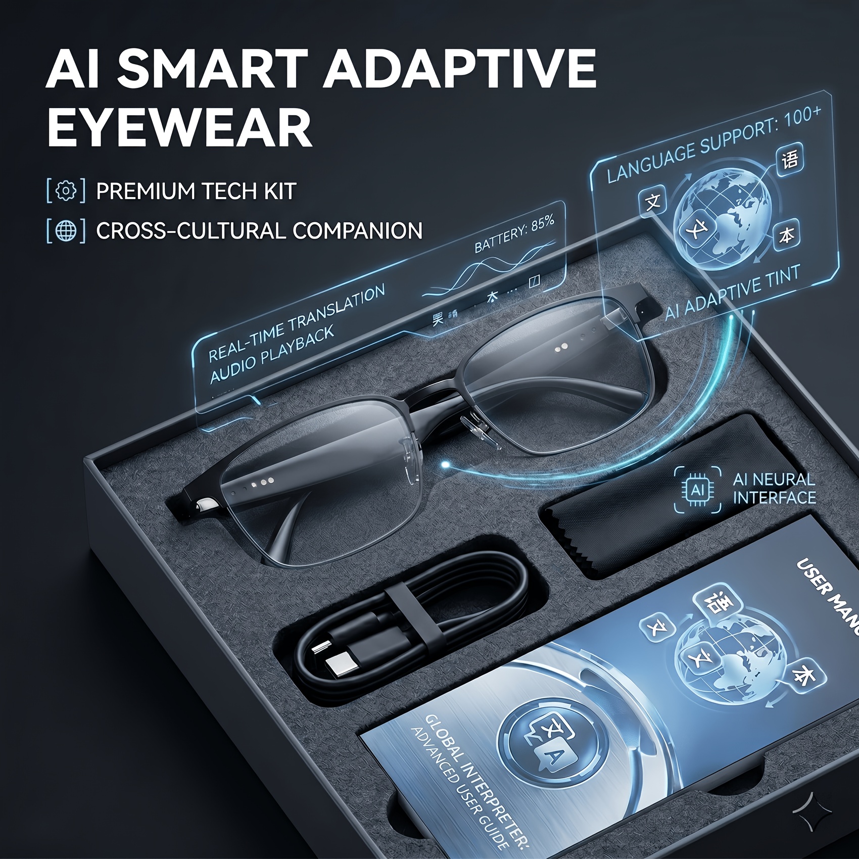 ai smart glasses with real time translation photochromic   lens suitable for 150 languages   glasses for hands free calling   travel compatible for