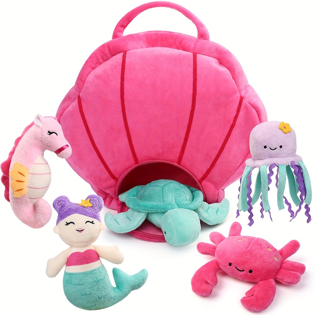 TEMU Benben Ocean Stuffed Animal, 5pcs Small Sea Creature Plush Toys, Shell Carrying Bag Set, Cute Plushies For Baby Kids, Sea Turtle, Octopus,