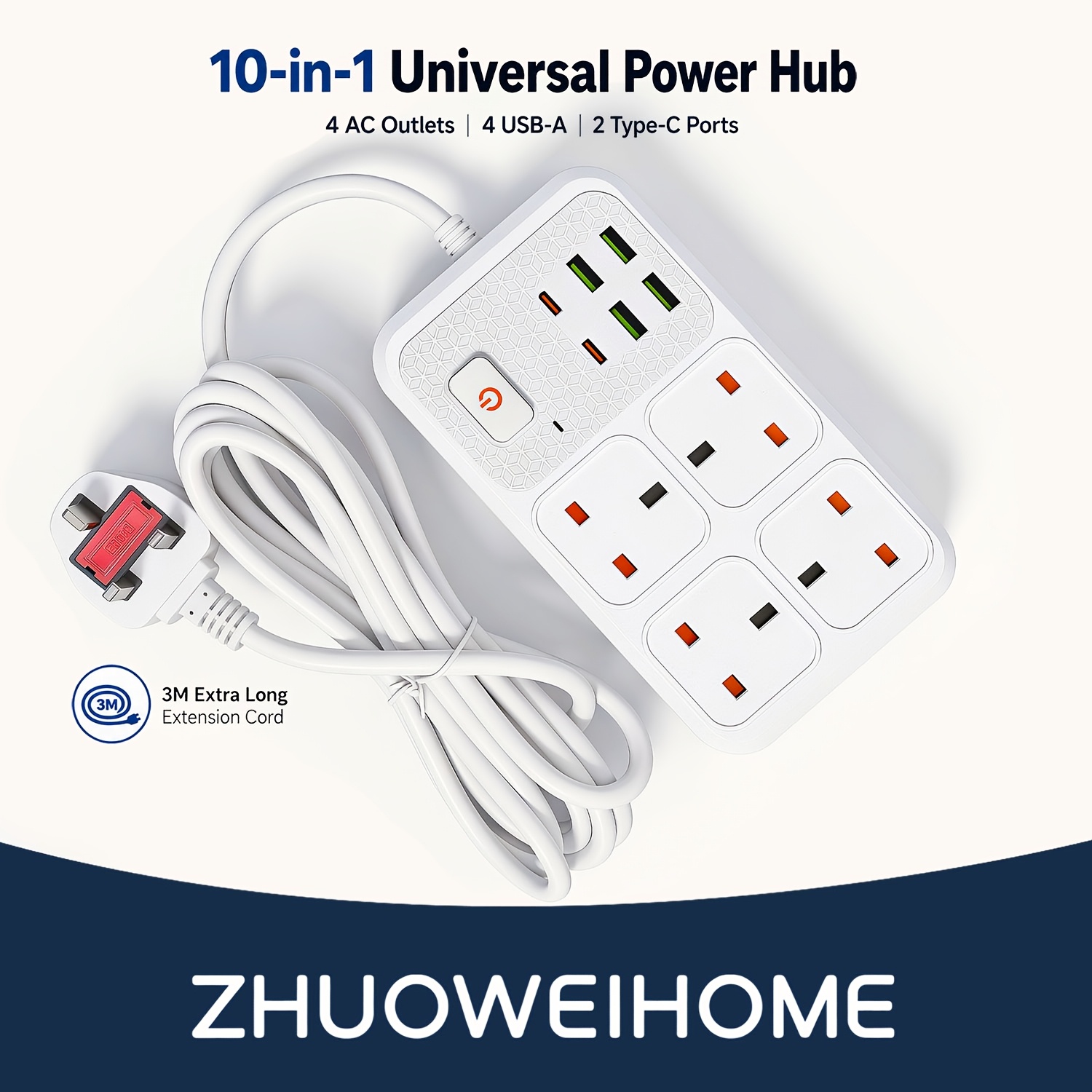 TEMU 10-in-1 Uk Power Strip/socket/power Extension Cord, 4 Ac Outlets + 4 Usb-a + 2 Type-c Ports, /9.84ft Extension Cord With Switch, Fast Charging