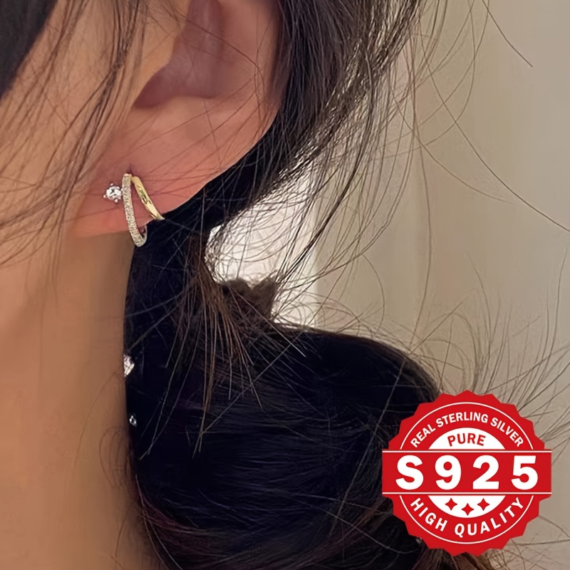 Image of A Pair Of Women's Stud Earrings, Double-layer Earrings, 925 Silver, Fashionable And Design-, 2 Colors Optional, Inlaid , Hypoallergenic