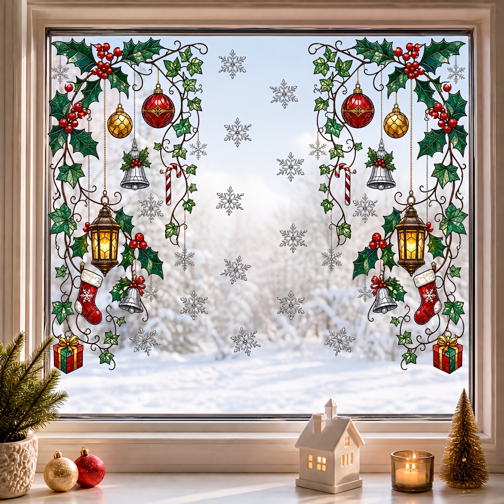 TEMU 1pc Double-sided Drooping Christmas Ornament Static Glass Sticker, Candy Cane Snowflake Elements, No Residue, Living Window Holiday Decor,