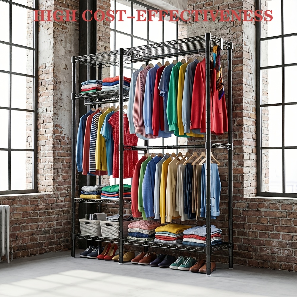 TEMU Porte-vêtements métallique autoportant robuste avec barres suspendues et étagères - Grand dressing adapté aux appartements, portant à vêtements