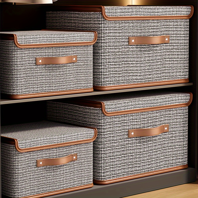 

1pc Chic Fabric Storage Box With Leather Handles - Portable, Oxford Cloth Organizer With Hook-and-loop Closure And Lid For Clothes & Linens, Clothes Organizer Storage