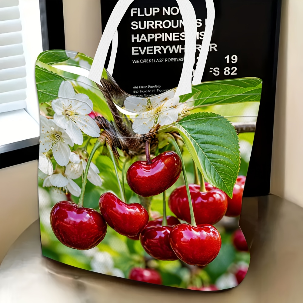 TEMU 1pc, Women's Shoulder Bag With Cherry Tree Fruit And Flowers Theme, Multi-functional And Versatile, Handbag, Clutch, Shoulder Bag, Travel
