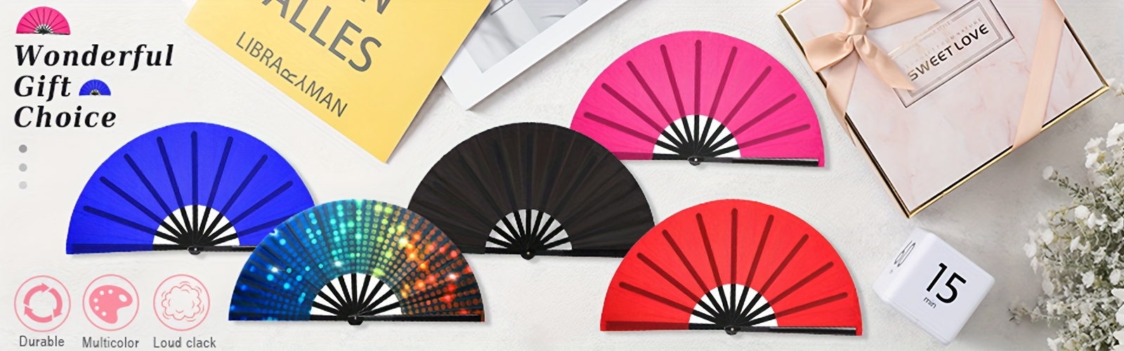 2pcs Large Folding Fan Handheld Nylon Cloth Foldable Hand Fan Chinese Kung Fu Fan Festival Decoration for Party Favors (Black, Simple Pattern) details 3