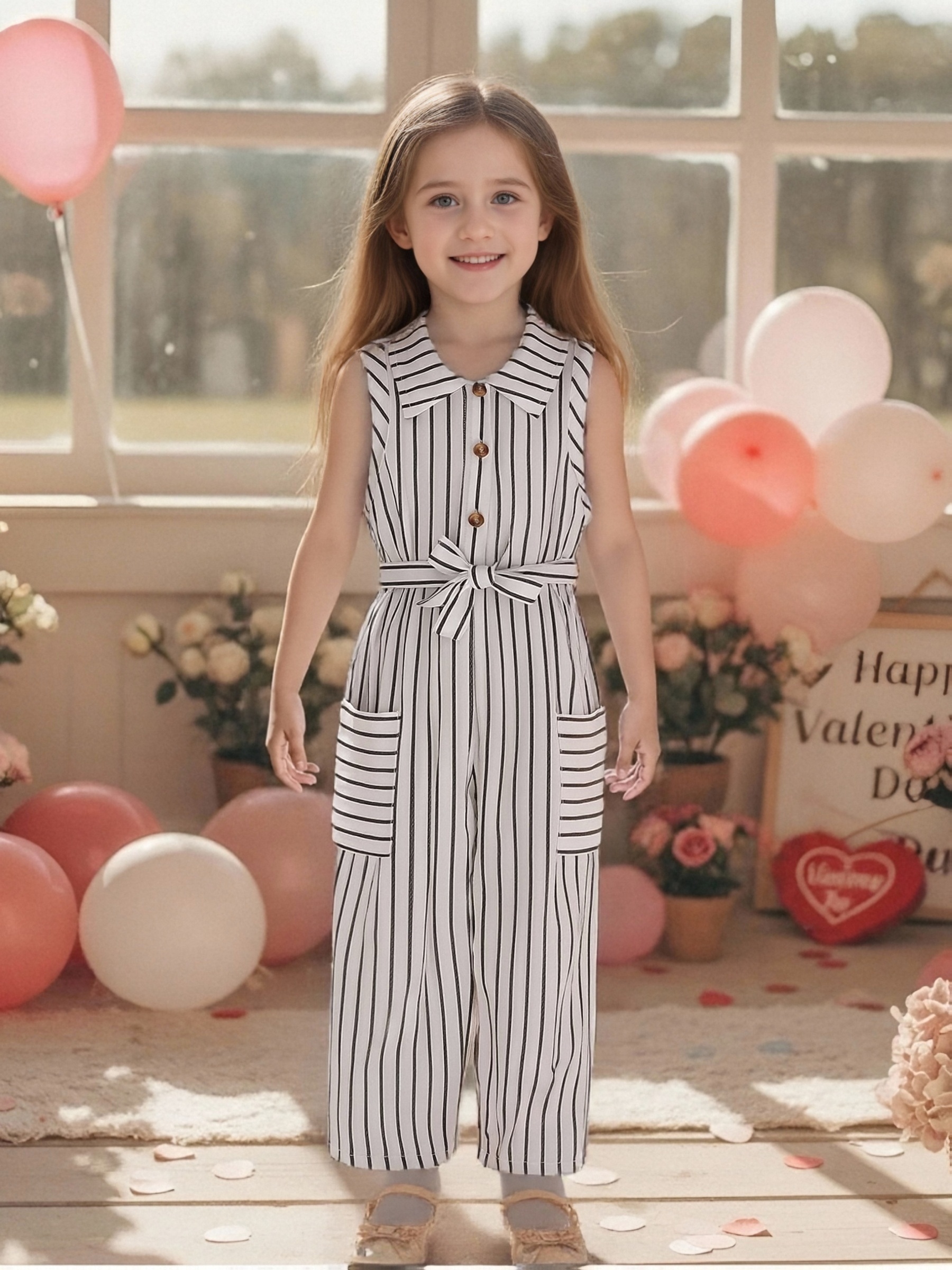 Casual Striped Turn- Collar Sleeveless Belt Half Placket Resin Button Pocket Jumpsuit, Suitable for Summer Outdoor Casual Wear, for Outdoor