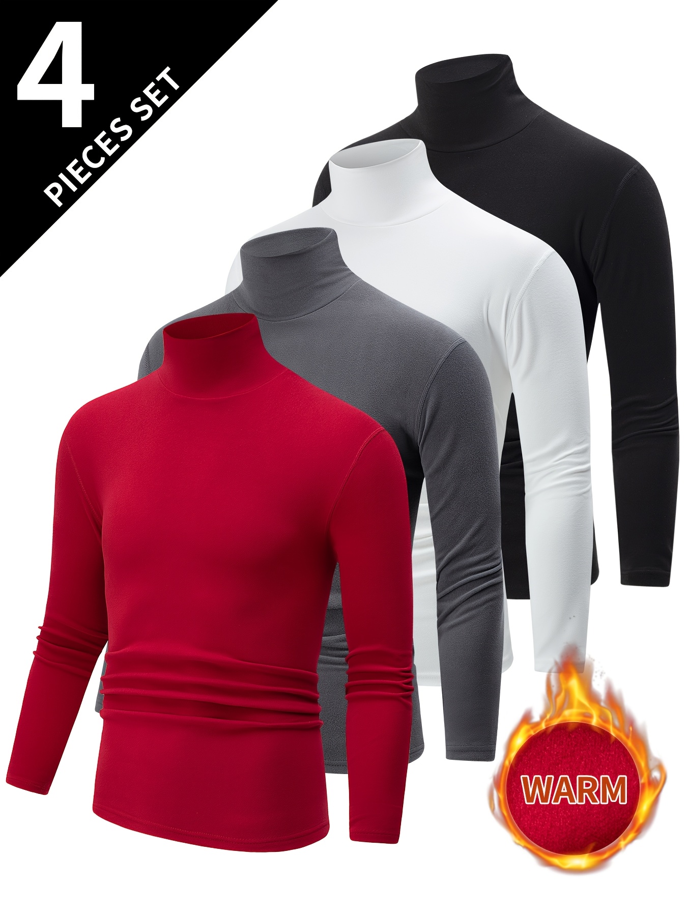 4pcs Set Men's Double-Sided Turtleneck Long-Sleeve T-Shirt, Autumn/Winter Lapel Thickened Warm Casual Inner Layer Brushed Base Layer Sweatshirt Top