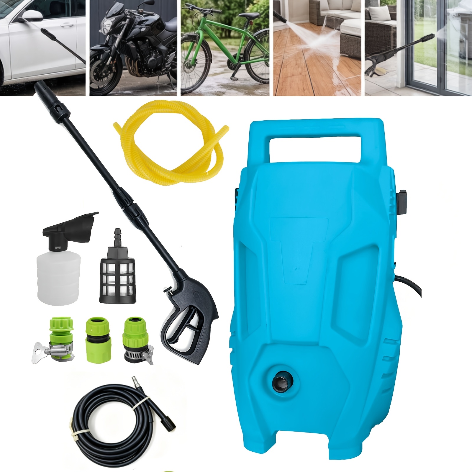 Image of Electric Pressure Washer, Power Jet Washer 110 L/h, 500w High-pressure Washer With 7m High-pressure Hose, 2m Water Inlet Pipe, Spray Tank, Compact Patio Cleaner For Car Garden Fences Yard (blue)