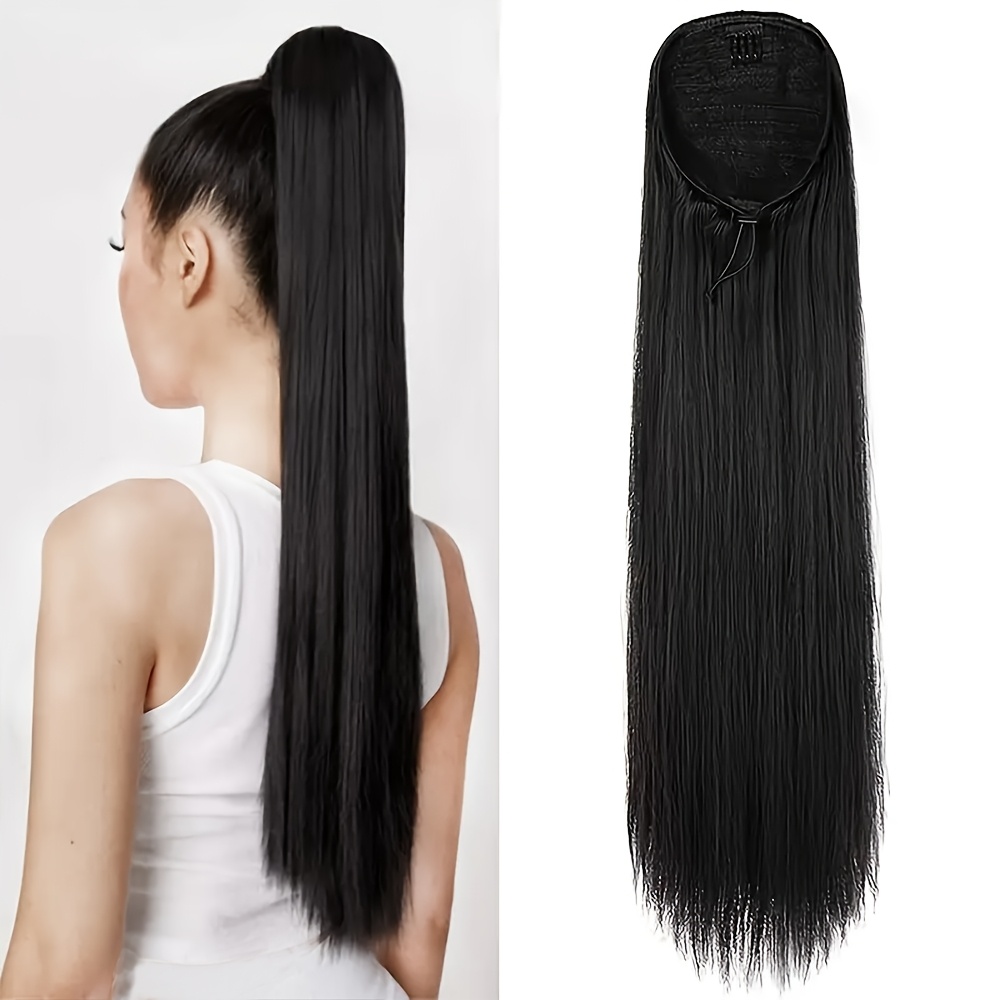 Image of 28-inch Long Straight Ponytail Extension Rope Synthetic Heat-resistant Wig Suitable For Women' Wear Halloween Christmas Wig