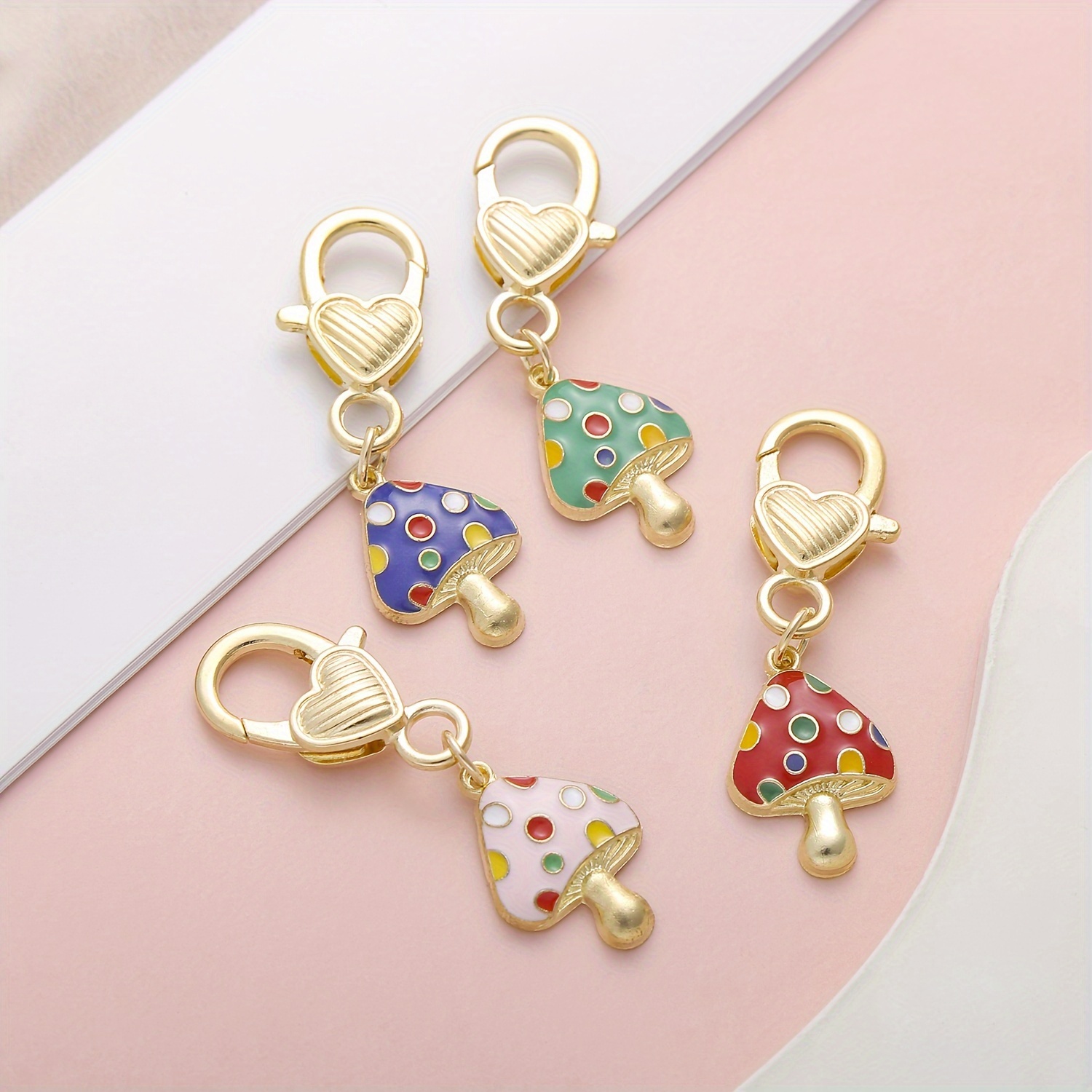 

4pcs Enamel Mushroom Charm Keychain Pendants With Heart Lobster Clasp, Zinc Alloy Stitch Marker Key Ring Findings For Knitting, Weaving, And Sewing Crafts Accessories