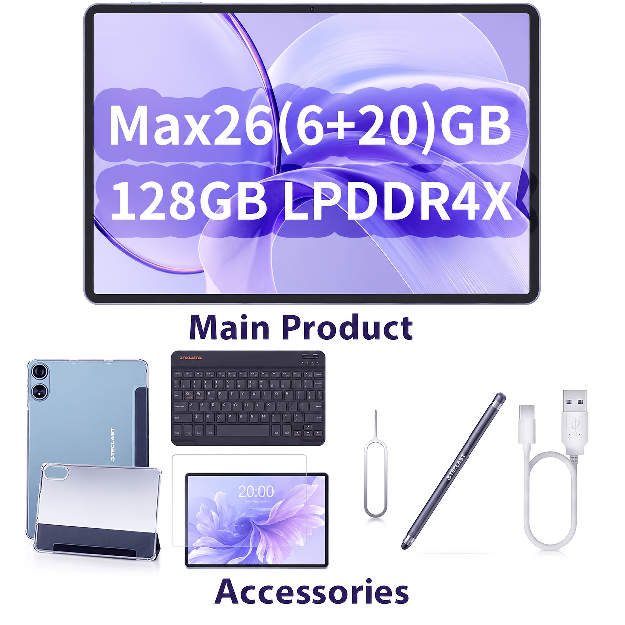 Image of Teclast P50 2026 Tablet 11'' Inch, Max 26(6+20)gb +128gb Rom(4tb Tf Extension), 4g Lte +5g Wifi, 16 -core 1.8ghz Cpu, 8000mah/dual Camera/5-gps/bluetooth 5.0//3.5mm Audio/tddi/gms, Pen, Case, Keyboard
