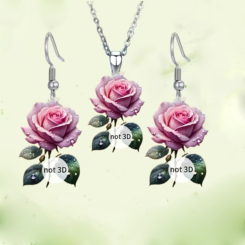 Acrylic Rose Print Women's Earrings Pendant Set