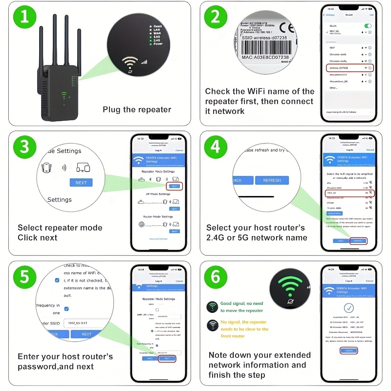 WiFi Signal Amplifier, Wireless Repeater, Wireless Access Point, Wireless Router, 2.4GHz and 5GHz Dual Band Extender, 1200Mbps, Easy to Expand Wireless Coverage Range, Widely Compatible with Multiple Devices, Reduces WiFi Interference, Strong Signal