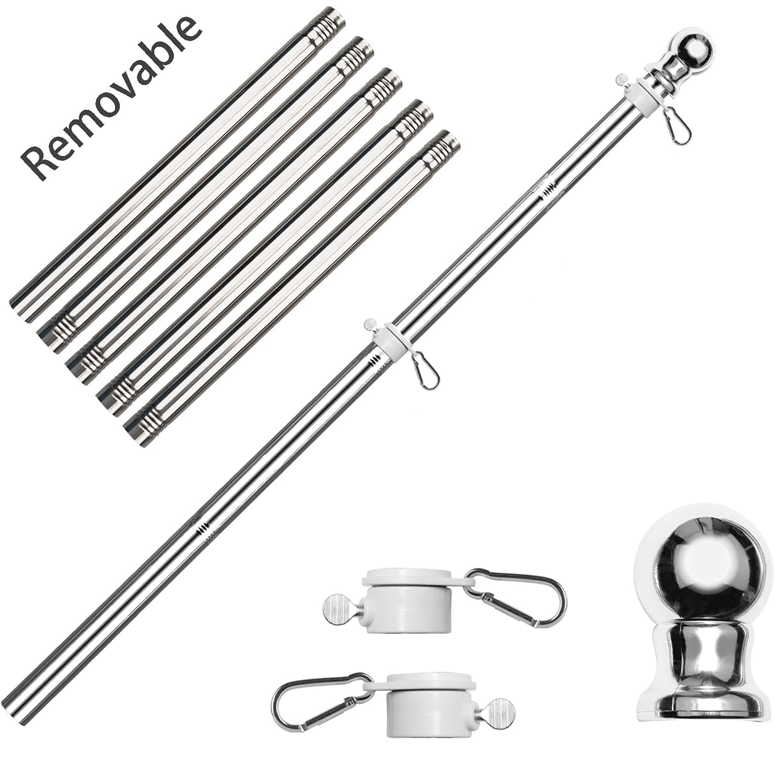 

Kit de Mât de en Acier Inoxydable Réglable de 6 Pieds avec Anneaux Pivotants & Clips, Sommet en Boule Argentée - Facile pour Utilisation Commerciale ou Résidentielle