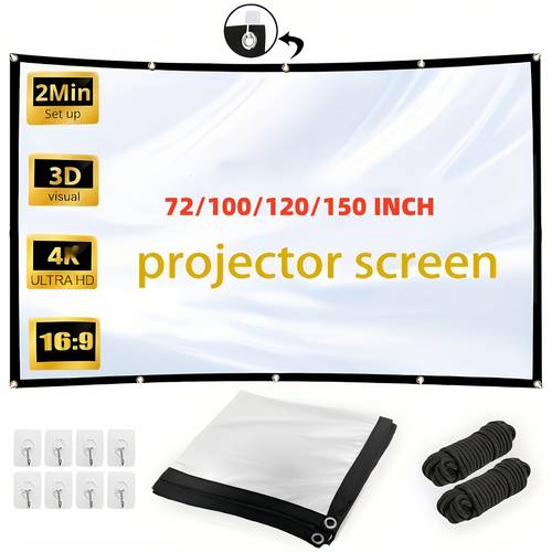 182.88/254.0/304.8/381.0 cm Compact, Portable and Thin Projection Screen, Home Theater Projector Screen for Indoor and Outdoor High-definition Movies, Various Specifications, with Hanging Hooks and Rope Hooks