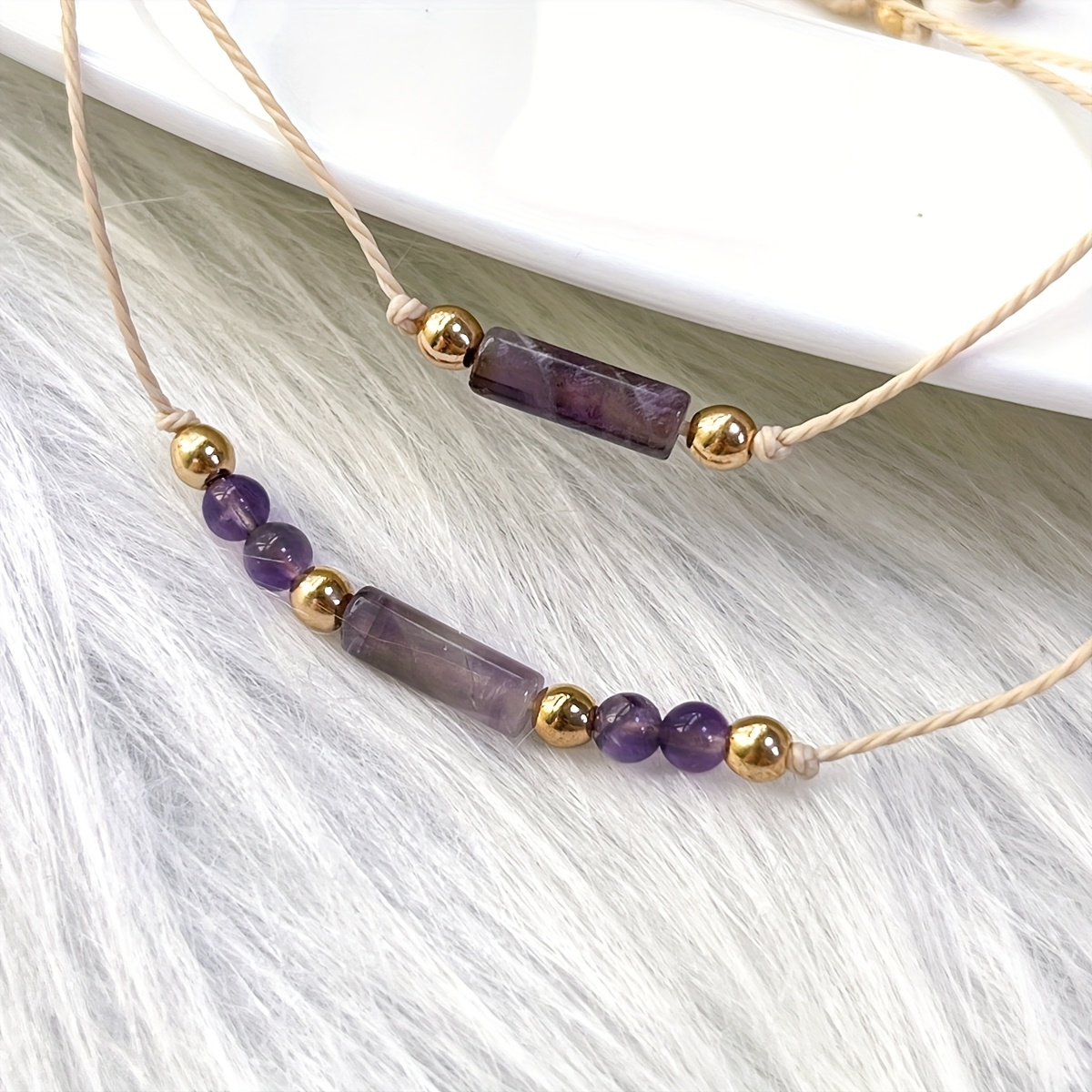 Natural Amethyst Jewelry Set - Handwoven Bracelet