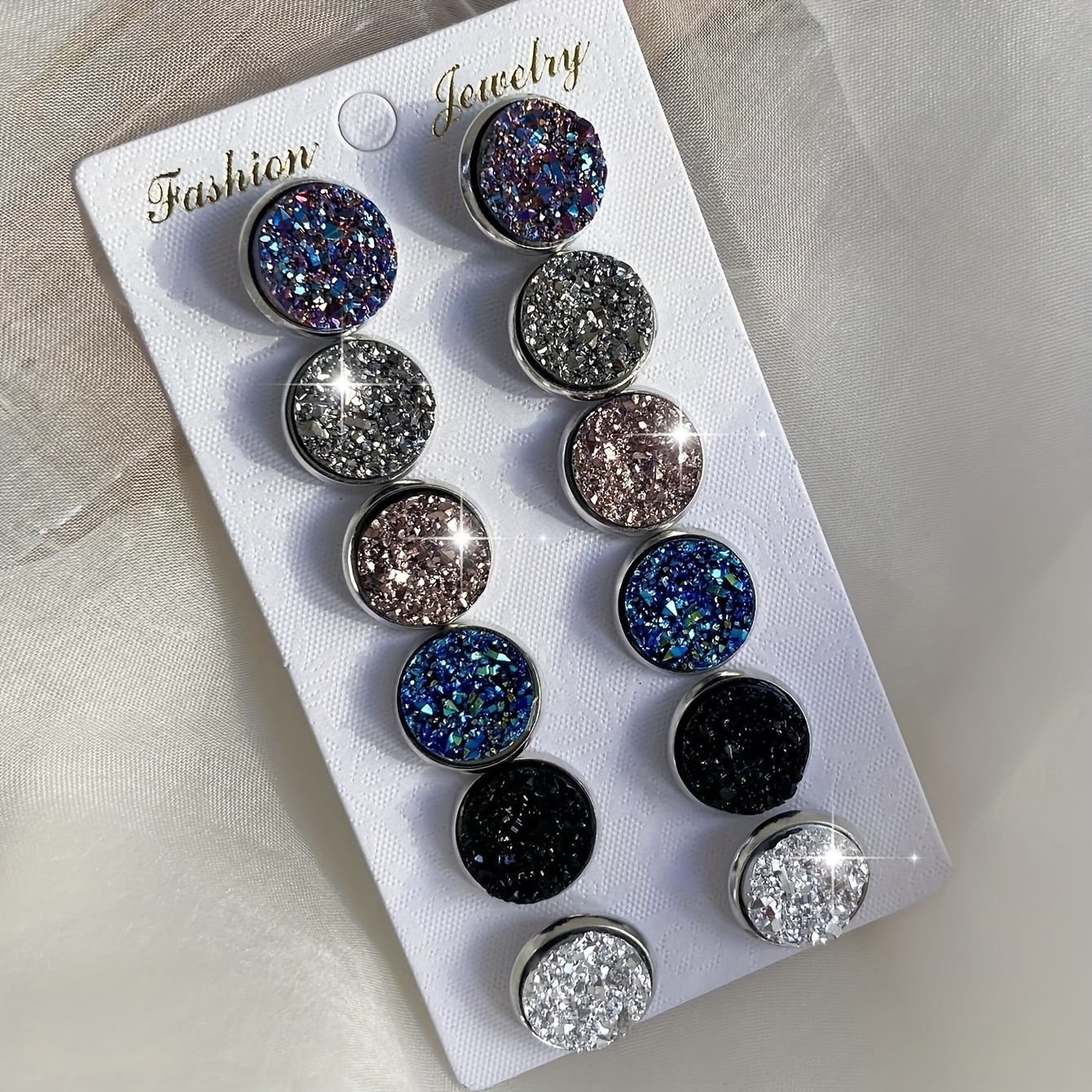 TEMU 6 Pairs Of Shiny Round Earring Sets, Simple And Luxurious Style, Suitable For Women' Wear
