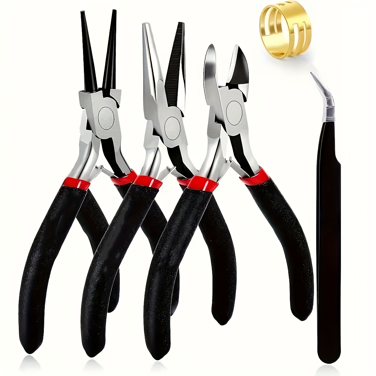 TEMU 5pcs Black Multifunctional Pliers And Tweezers Ring, With Black Tweezers And An Opening Ring, Used For Making Jewelry Bracelets, Accessories And