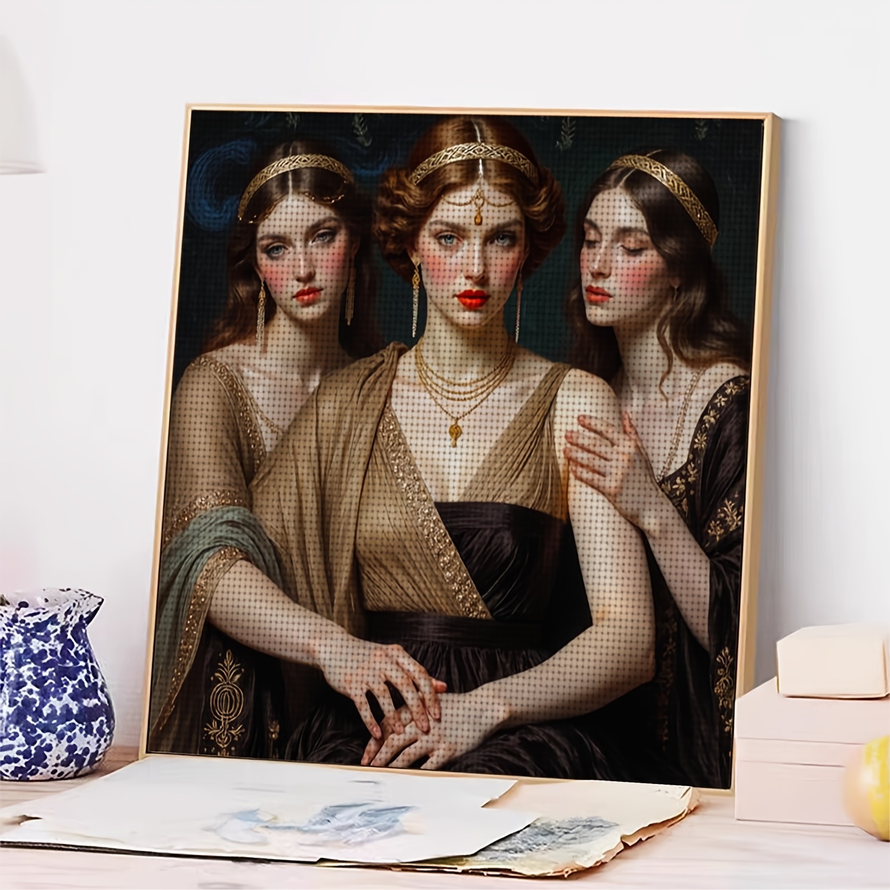 Frameless Cross Stitch Kit, 'Three Classical Attire' Pattern, Ideal for Beginners