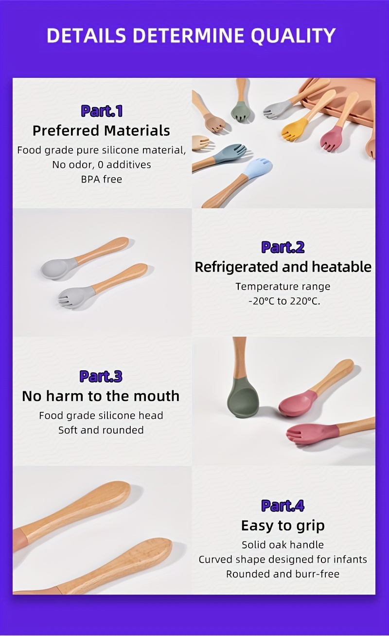 food grade silicone spoon     wooden handle fork and spoon training feeding tableware 2pcs set details 2