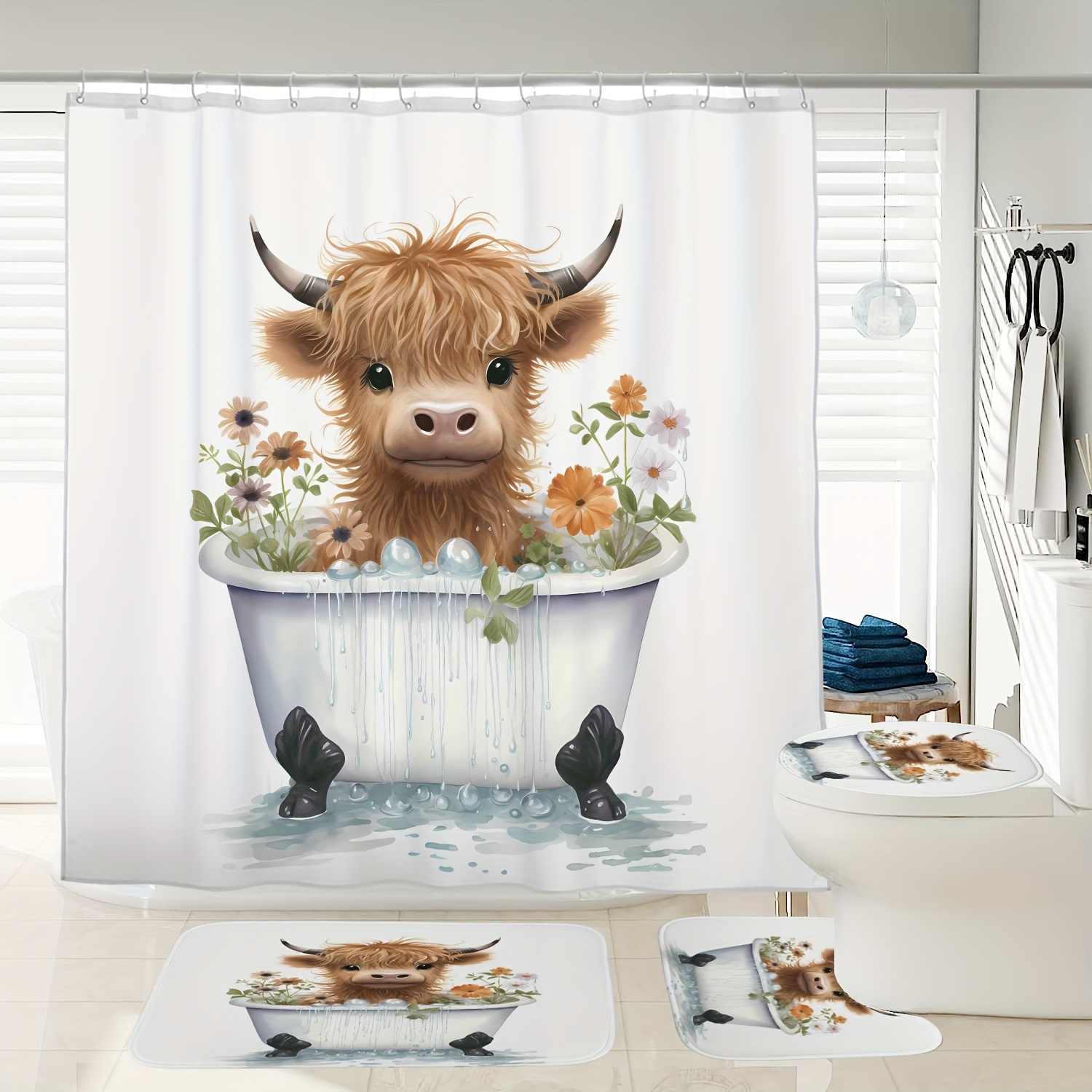 

1/4pcs Highland Cow Bathing Printed Bathroom Set, Waterproof Shower Curtain With Non-slip Rugs, Toilet Lid Cover And Bath Mat, Modern Home Decor, Rustic Farm Animal Design