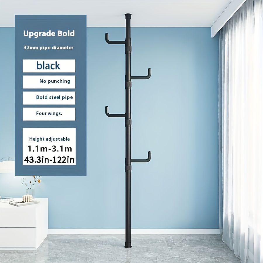 Adjustable Height Clothes Rack Rod with 4 Hooks, No Installation