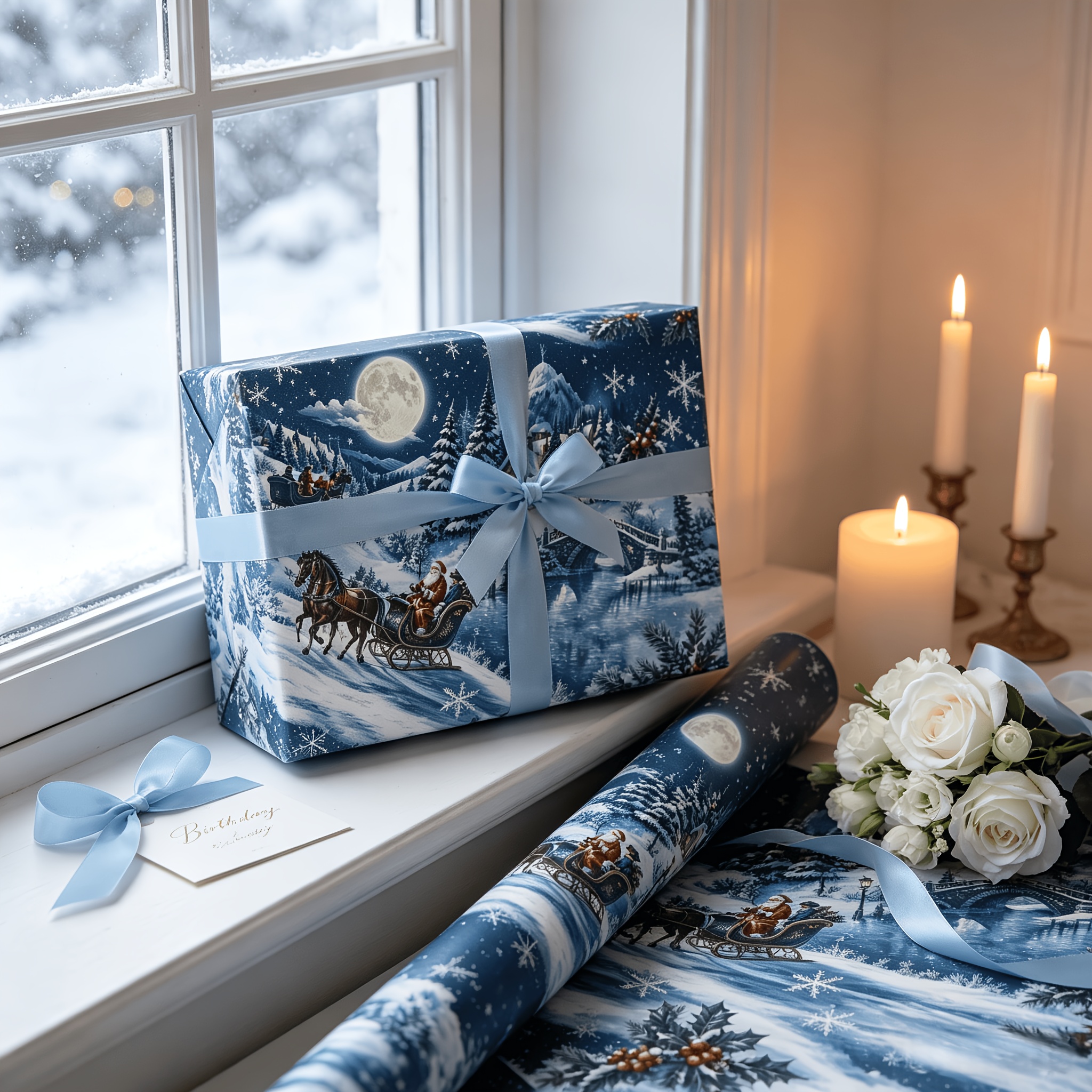 Image of 1 Roll Vintage Winter Gift Wrapping Paper 17×118 Inch, Dark Sky Town Pattern, Rustic Bridge Print Packaging Sheet For Holiday Xmas Gift Box Decoration