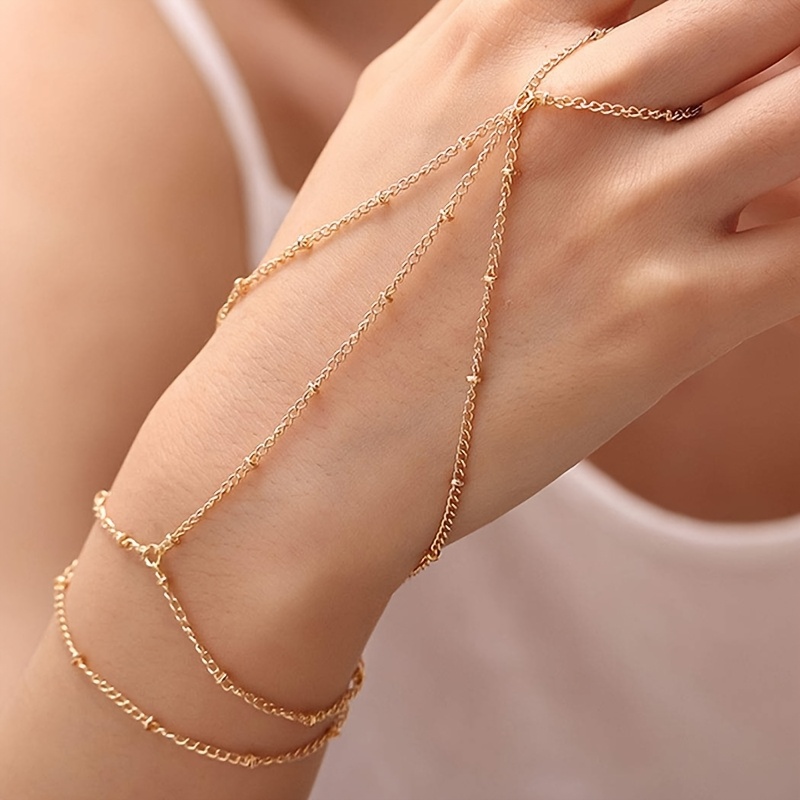 New Cross-border Products From Europe And America, Featuring A Minimalist , Street Photography-inspired, Copper Bead Chain Finger Ring Bracelet For Women