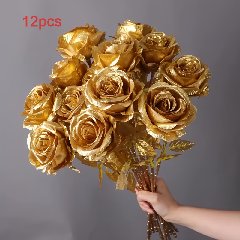 Image of 6/12pcs Golden Rose Artificial Flowers, Home Office Decorations, Faux Floral Arrangements For Outdoor Garden Yard Wedding Birthday Bridal Shower Mother's Day Party Holiday