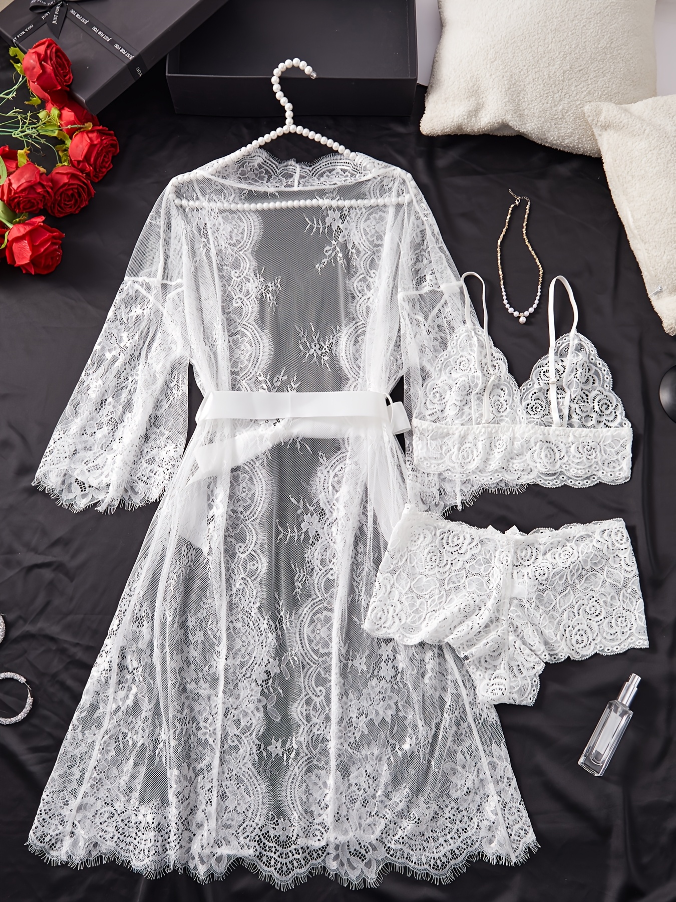 a lingerie robe set featuring eyelash lace wave decorations ribbons a   two piece outfit and a beautifully designed kimono bathrobe Product details 23