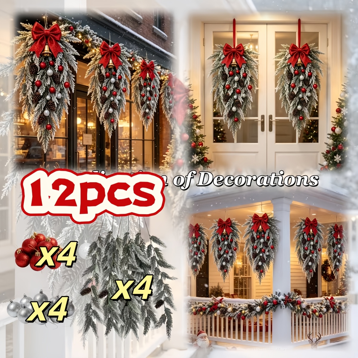 TEMU 12pcs High-quality Artificial Christmas Wreaths - Pine Needles, Silvery Red Balls Decoration Set, Elegant And Grand Appearance, Suitable For