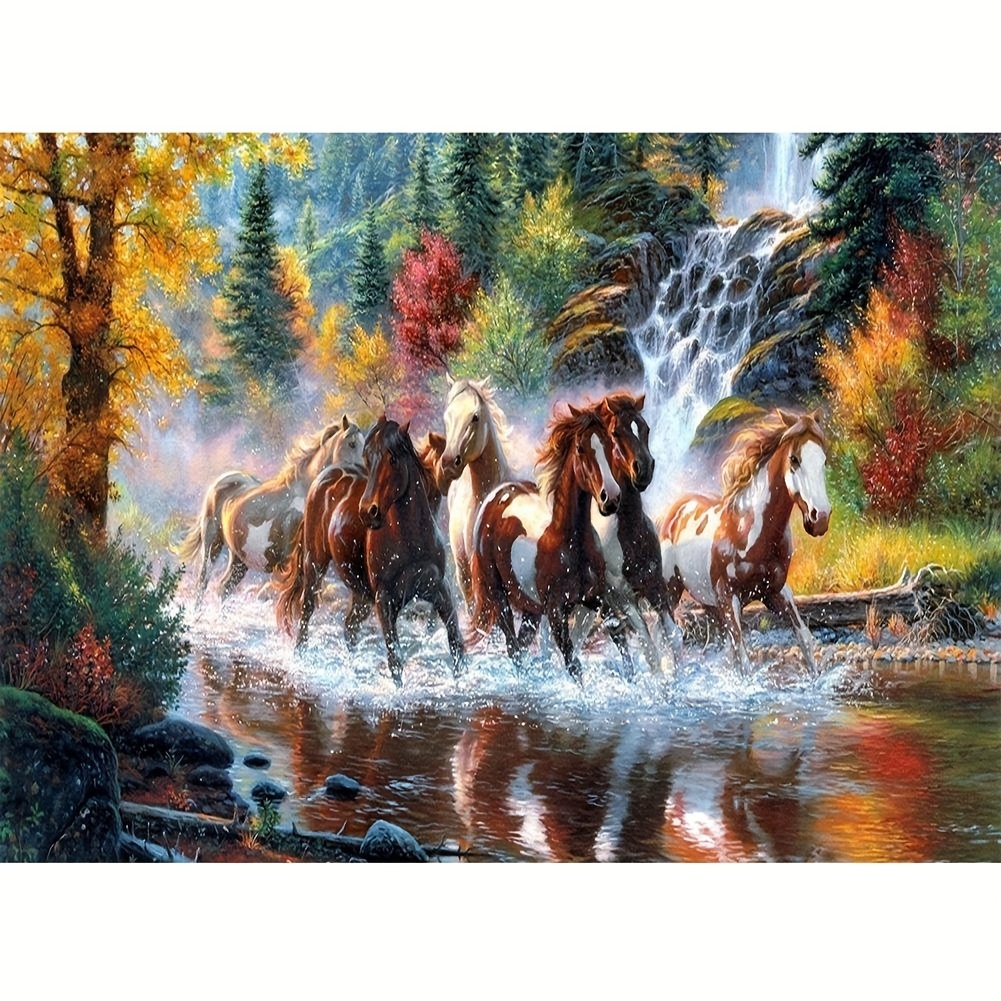 

5d Diy Diamond Painting Kit - By Waterfall Scene - 40x50cm Full Drill Round Acrylic Diamonds Embroidery Stitch Art Craft For Wall Decor, Animal Theme