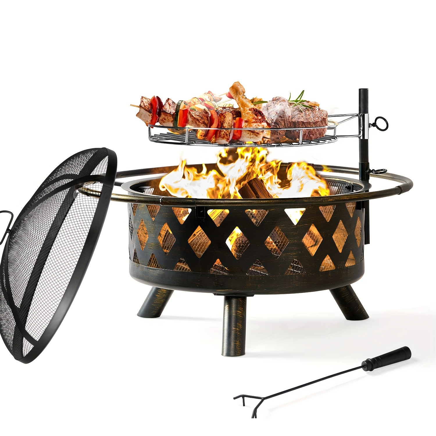 

30 Inch Fire Pits For Outside With Grill Outdoor Wood Burning With Removable Cooking Swivel Bbq Grill, Cover & Fire For Backyard Patio (black)