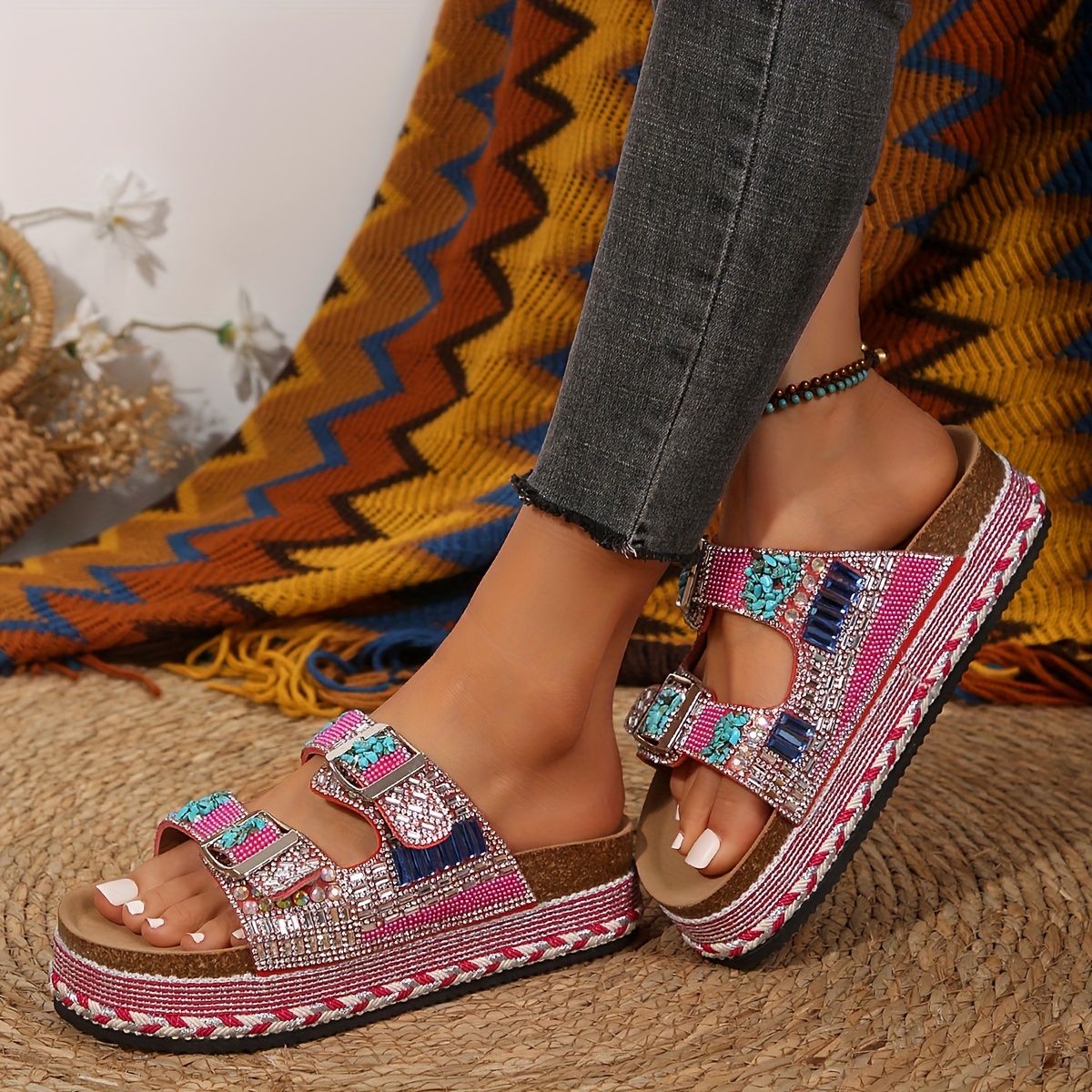 womens platform slide sandals with   embellished buckles slip on open toe summer wedge sandals synthetic cover pu sole for beach vacations casual   strappy sandals beach vacation shoes durable   insole details 9