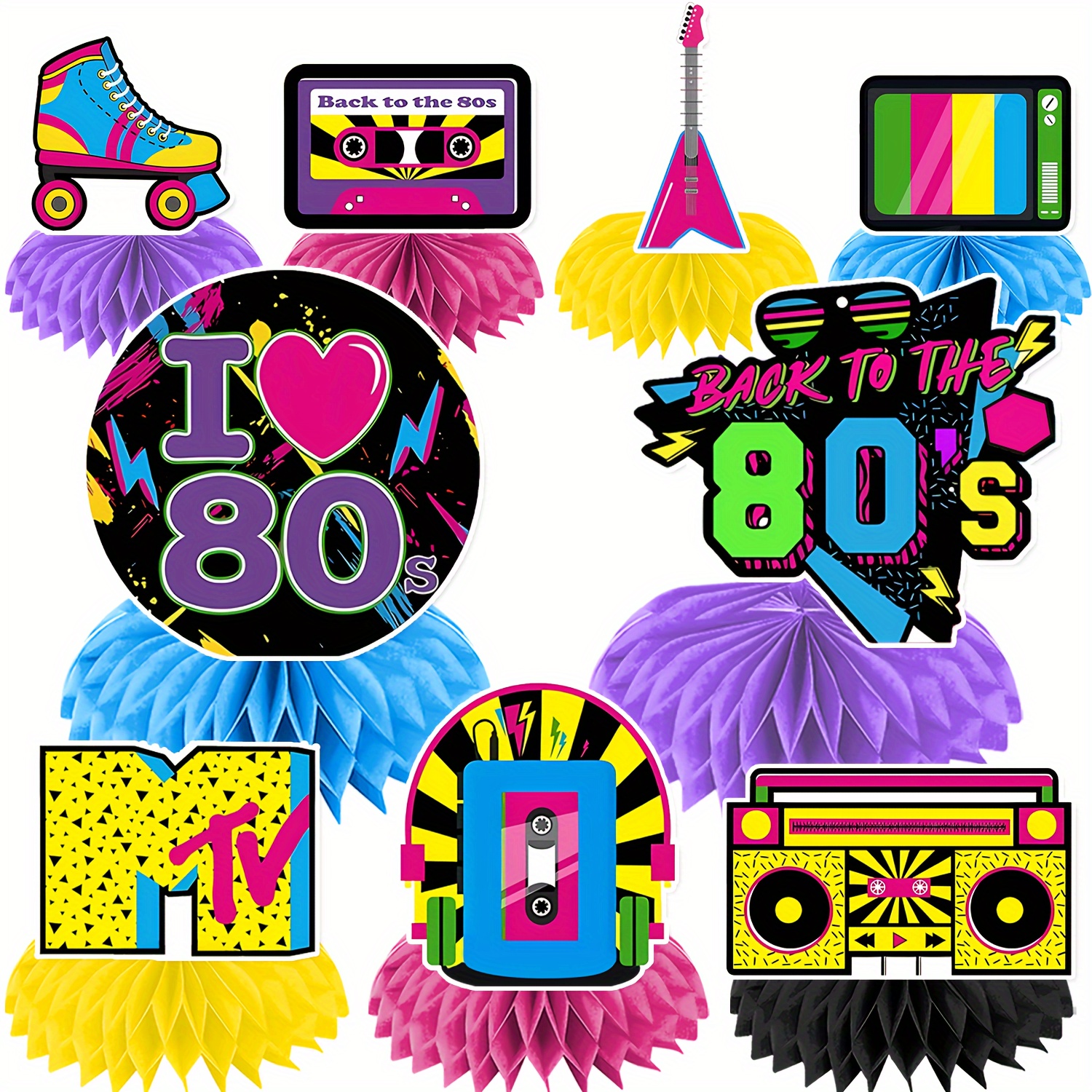

9pcs 80s Retro Honeycomb Centerpieces - Rock Theme Party Decorations, Paper Tabletop Centerpieces For 1980s Birthday Parties, Neon Light Party Supplies, No Electricity Needed, Universal Holiday Decor
